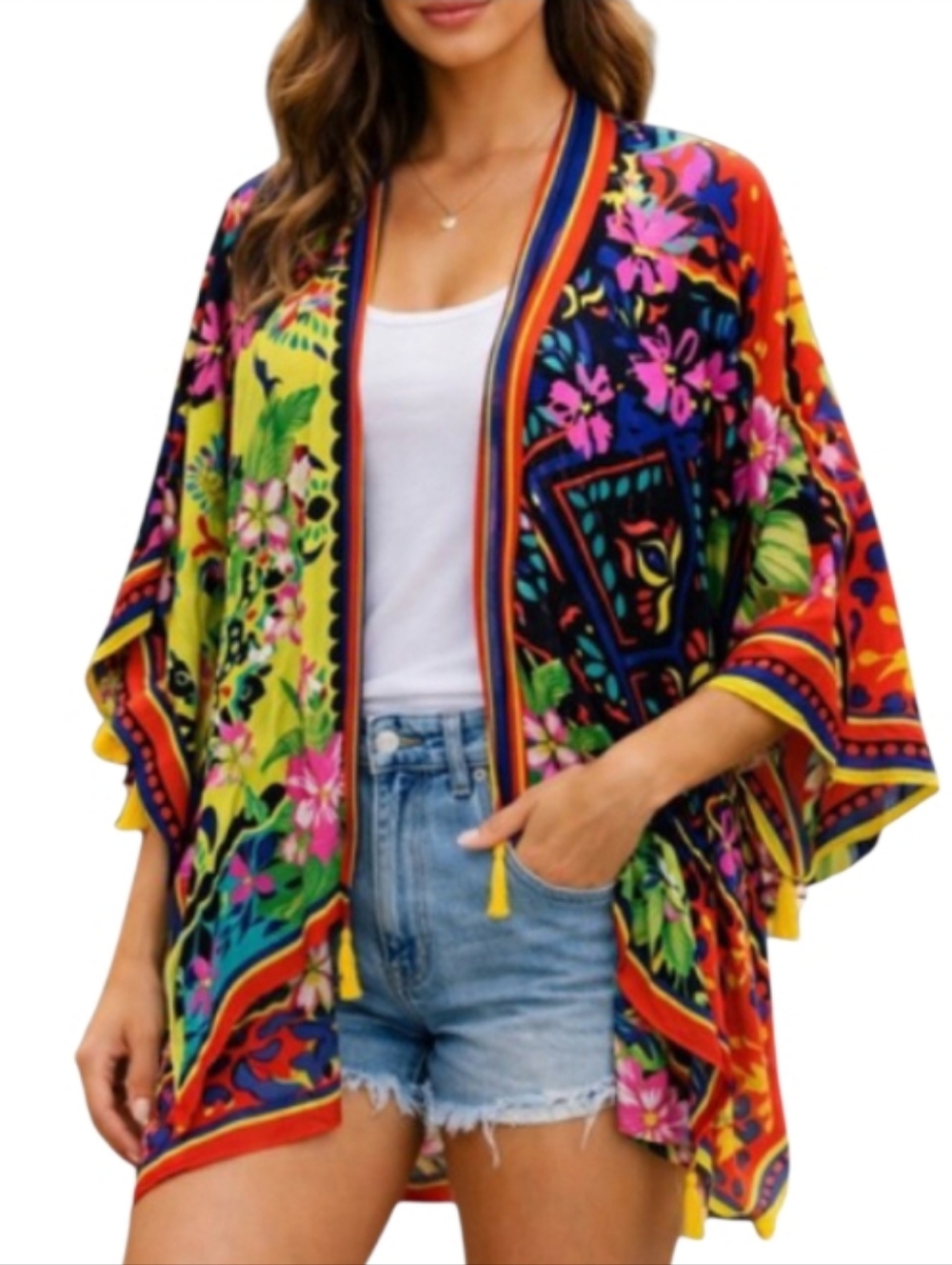 Nine West Island Floral Topper Ruana Caftan Coverup Tassel Bohemian